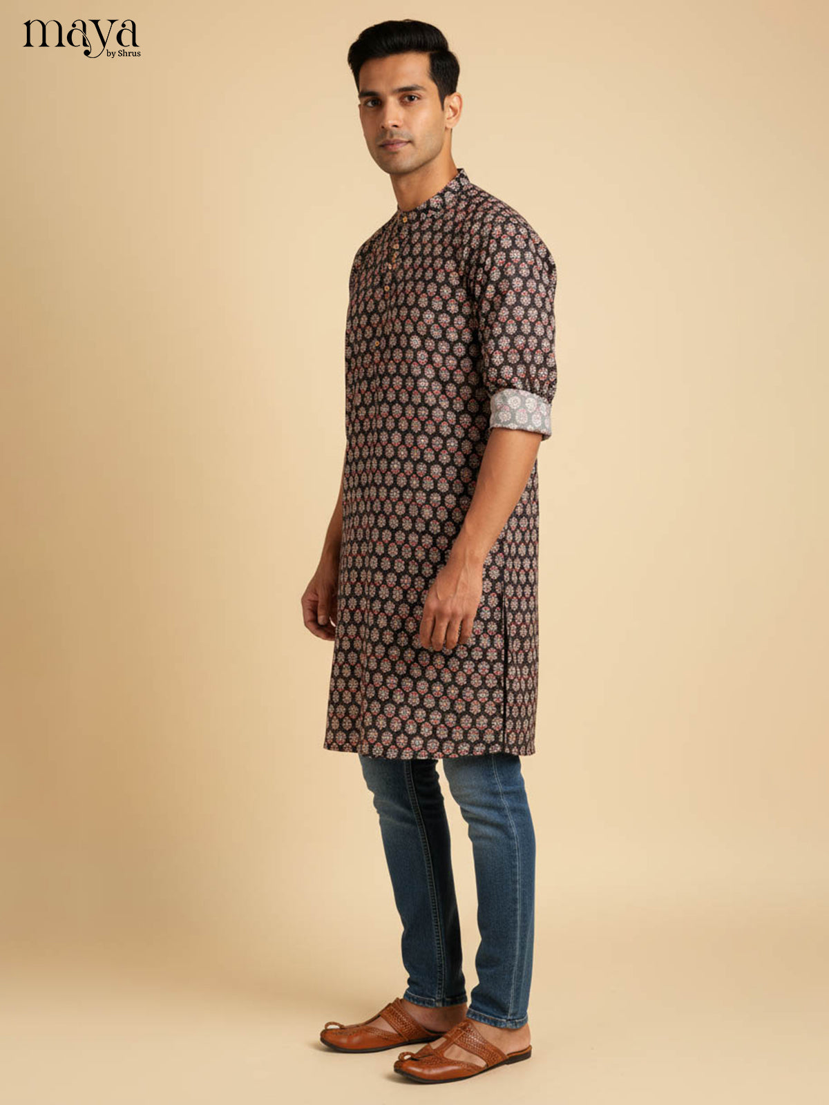 Exquisite Black & Red Floral Cotton Kurta With Floral Prints