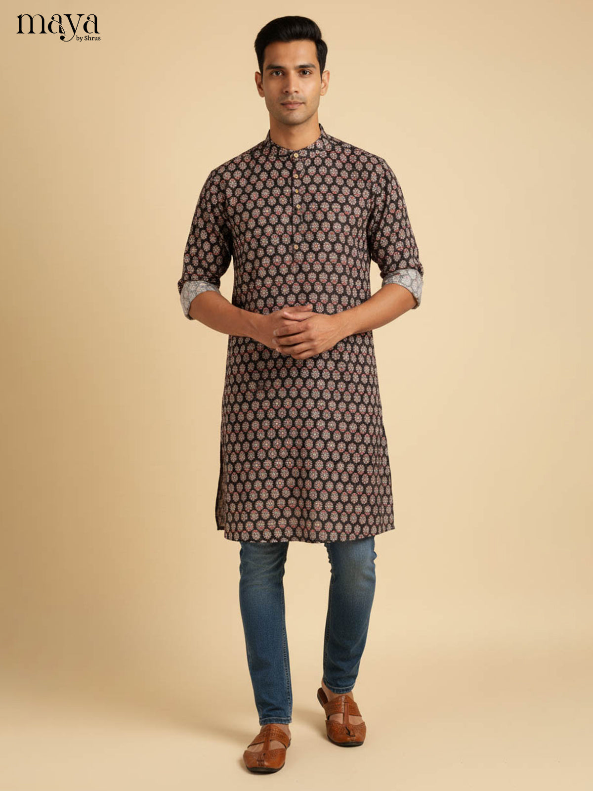 Exquisite Black & Red Floral Cotton Kurta With Floral Prints