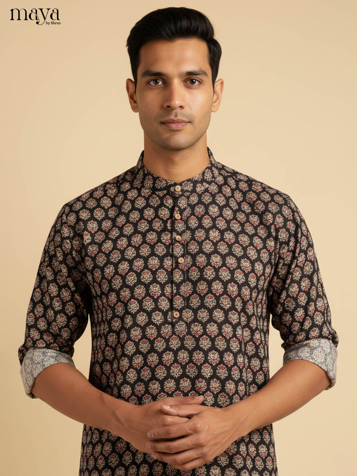Exquisite Black & Red Floral Cotton Kurta With Floral Prints