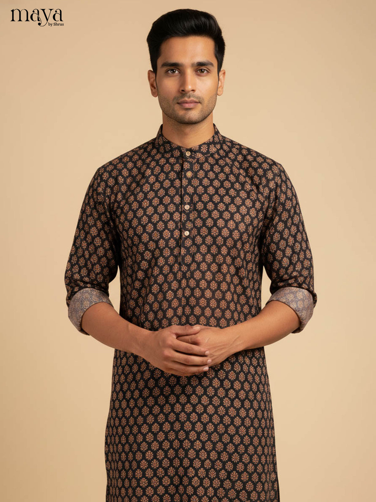 Sophisticated Black & Maroon Cotton Kurta With Floral Motifs