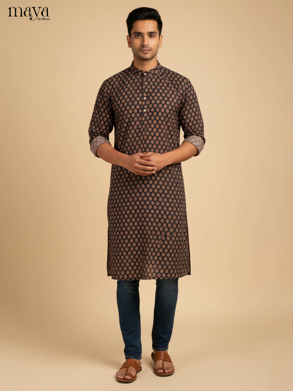 Sophisticated Black & Maroon Cotton Kurta With Floral Motifs