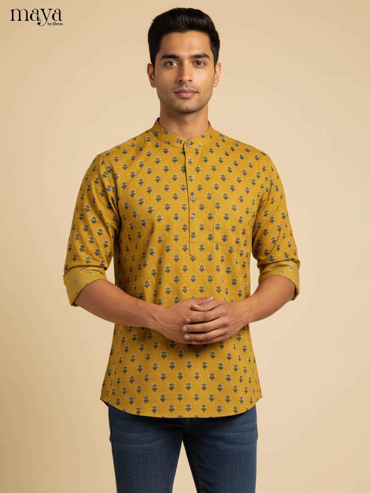 Vibrant Mustard Yellow Cotton Short Kurta With Floral Prints