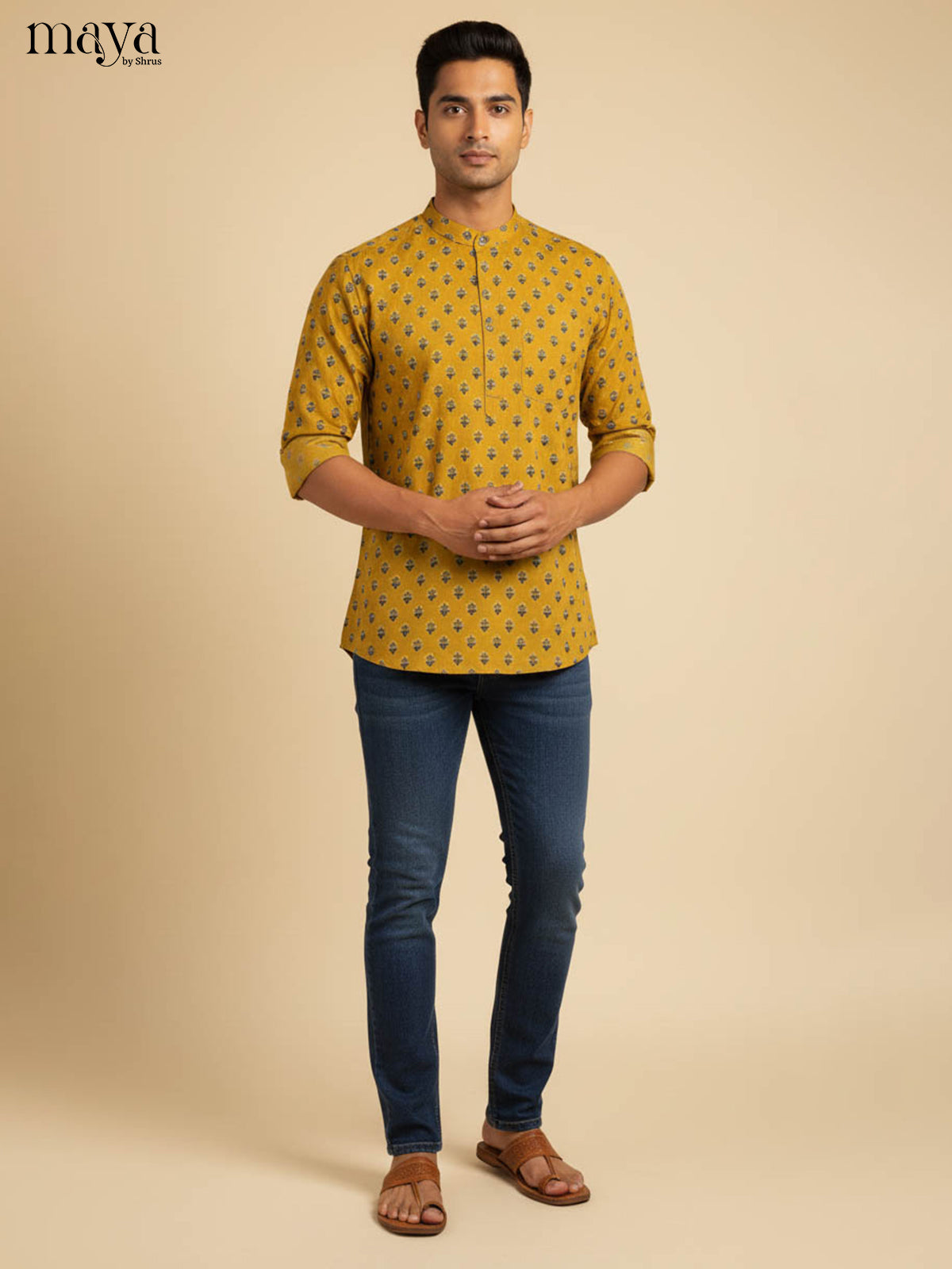 Vibrant Mustard Yellow Cotton Short Kurta With Floral Prints
