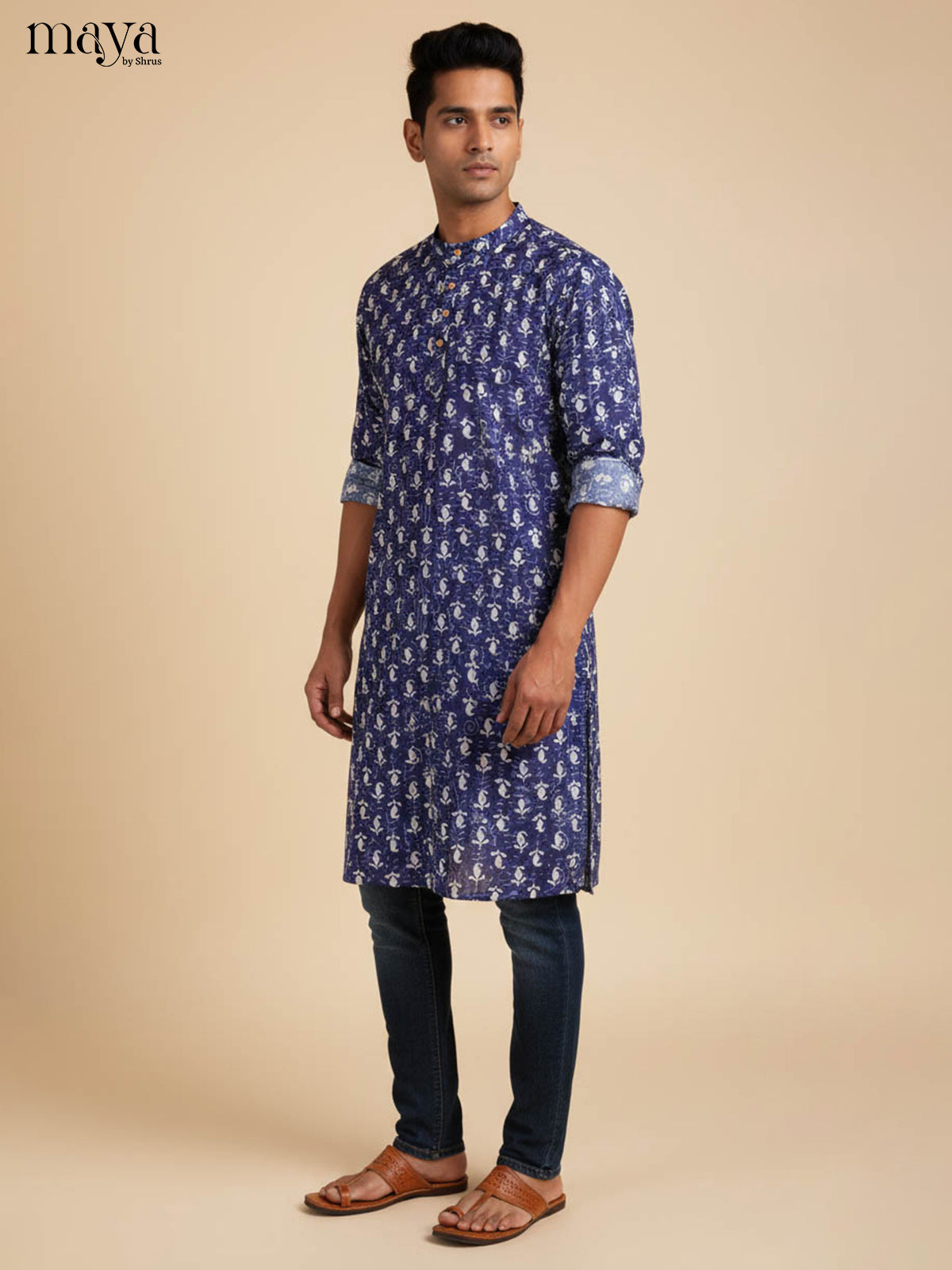 Sophisticated Indigo Cotton Kurta For Men With Geometric Prints