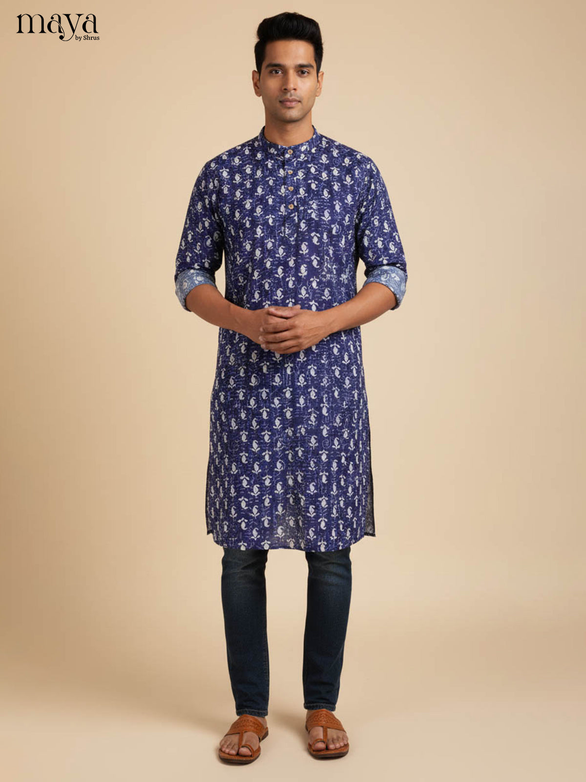 Sophisticated Indigo Cotton Kurta For Men With Geometric Prints