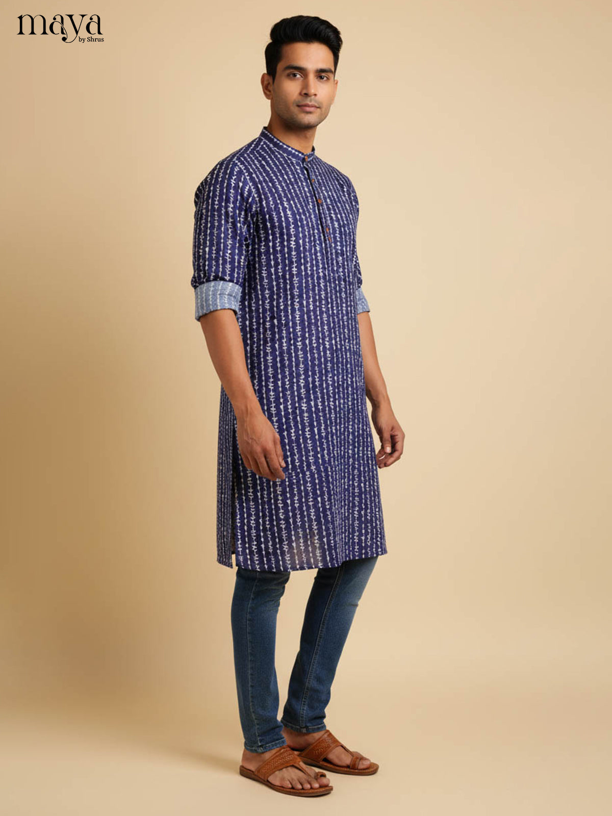 Refined Navy Blue Long Kurta for Men With Ethnic Prints