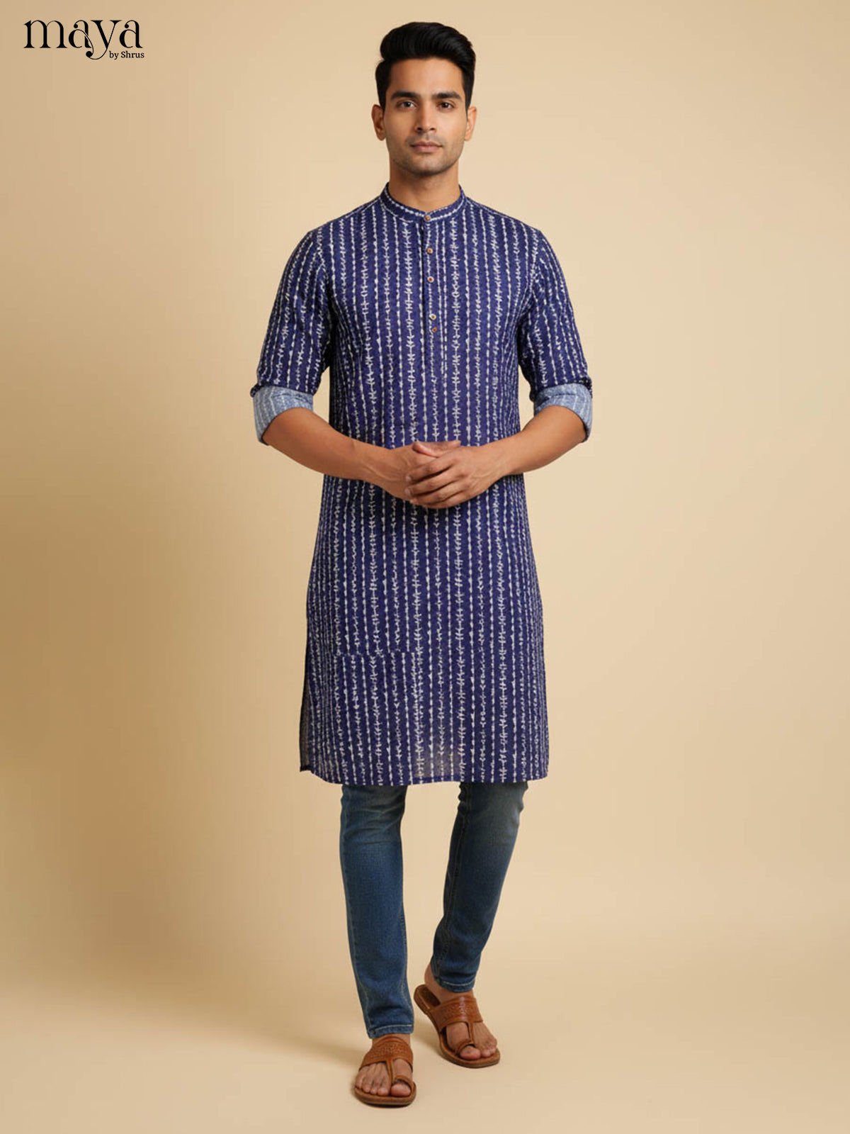 Refined Navy Blue Long Kurta for Men With Ethnic Prints