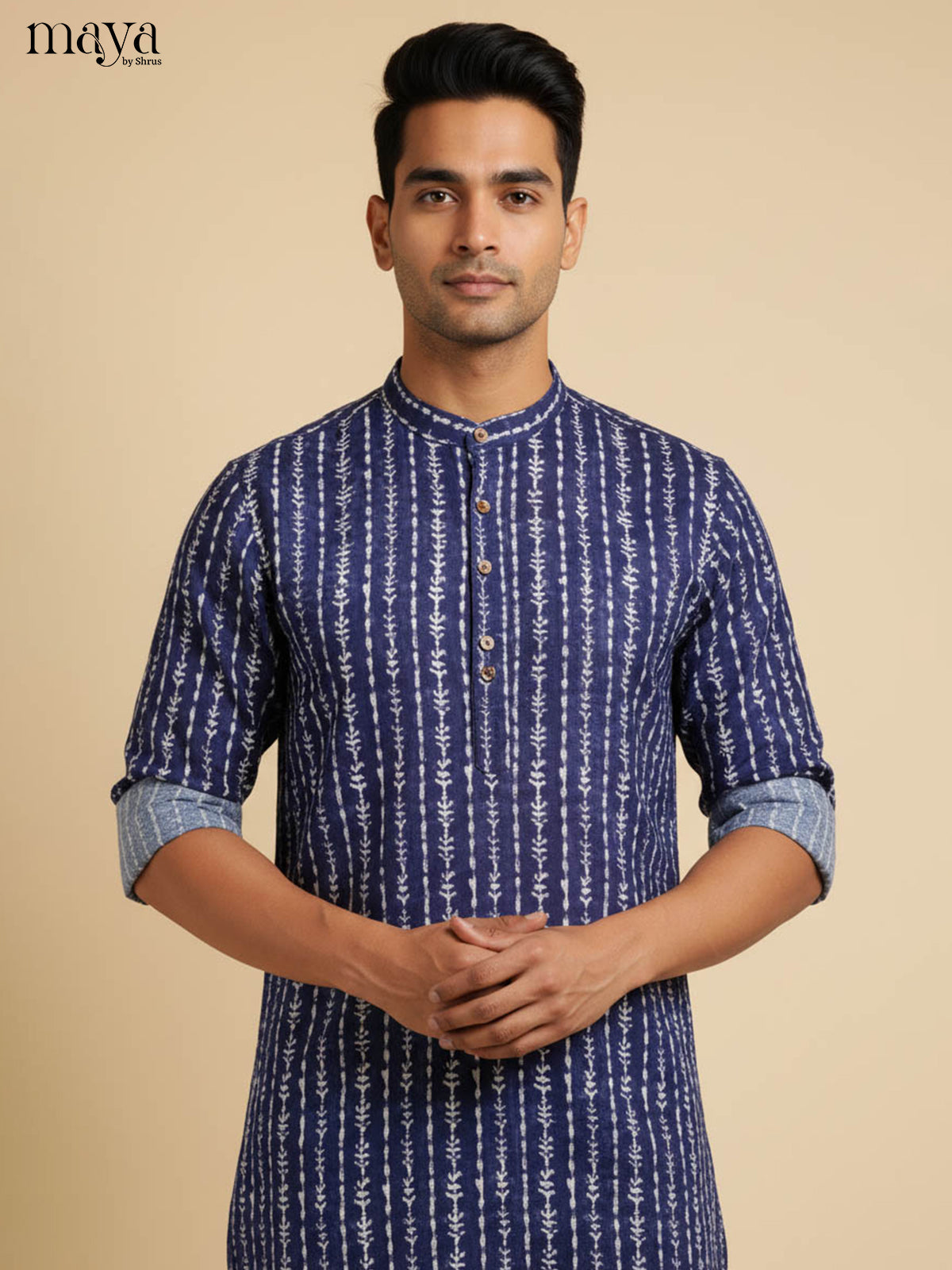 Refined Navy Blue Long Kurta for Men With Ethnic Prints