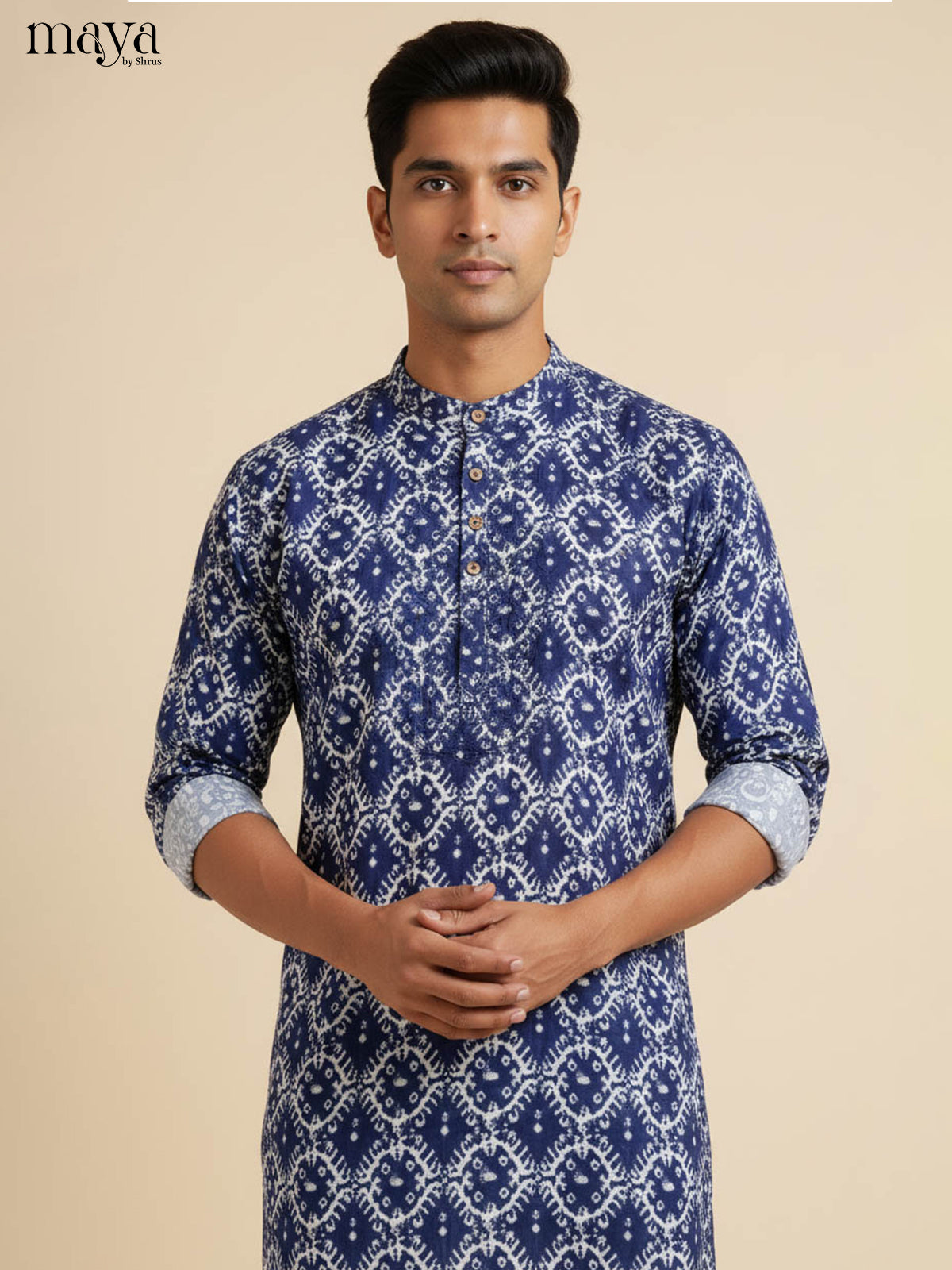 Majestic Navy Blue Kurta for Men With Floral Prints