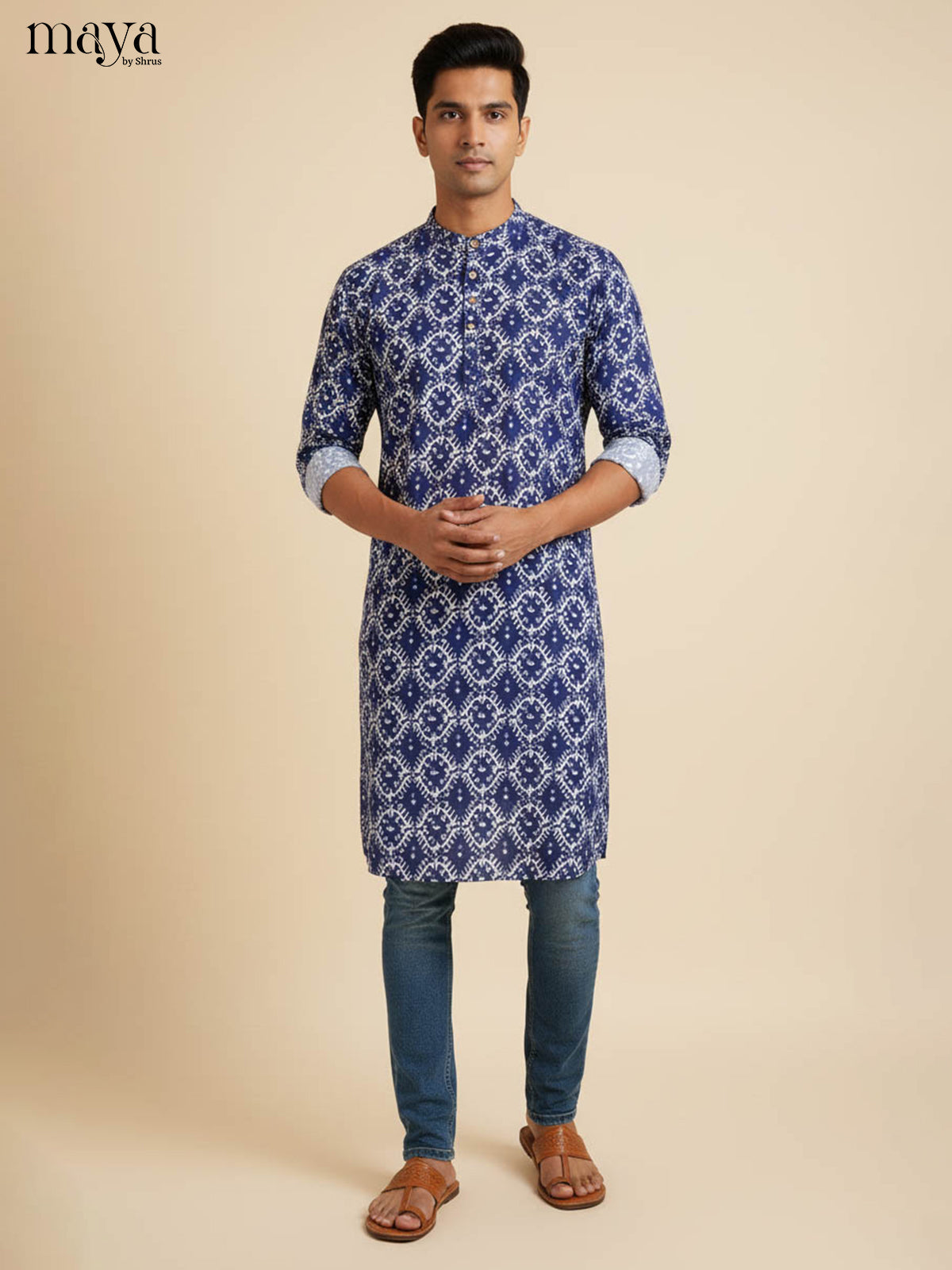 Majestic Navy Blue Kurta for Men With Floral Prints