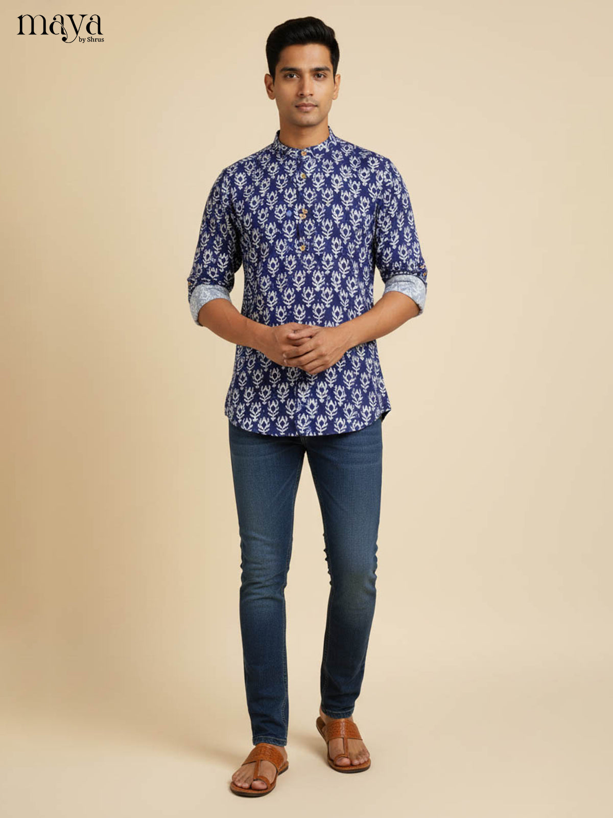 Versatile Blue Short Kurta For Men With Geometric Prints
