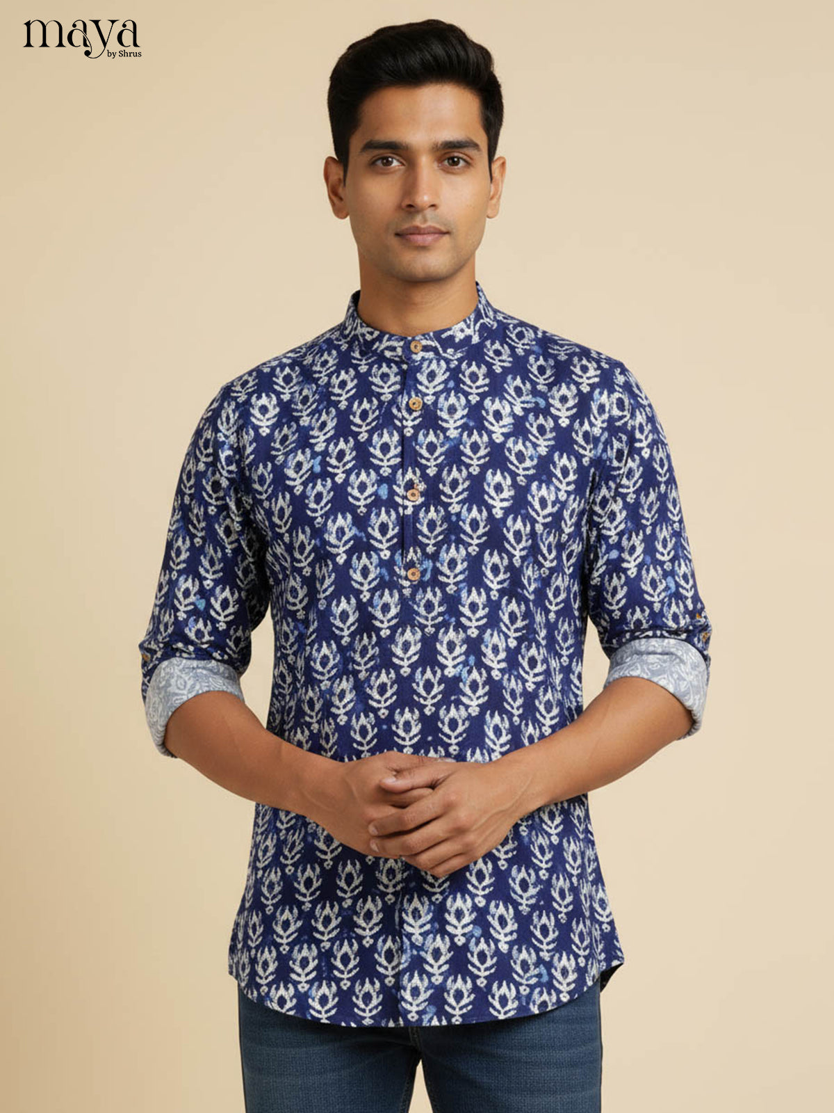 Versatile Blue Short Kurta For Men With Geometric Prints
