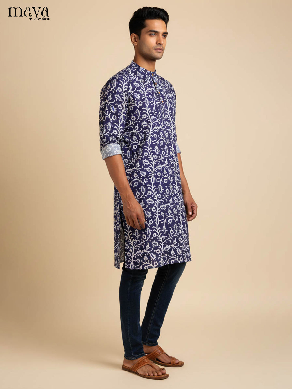Graceful Indigo Long Kurta for Men With Floral Vines