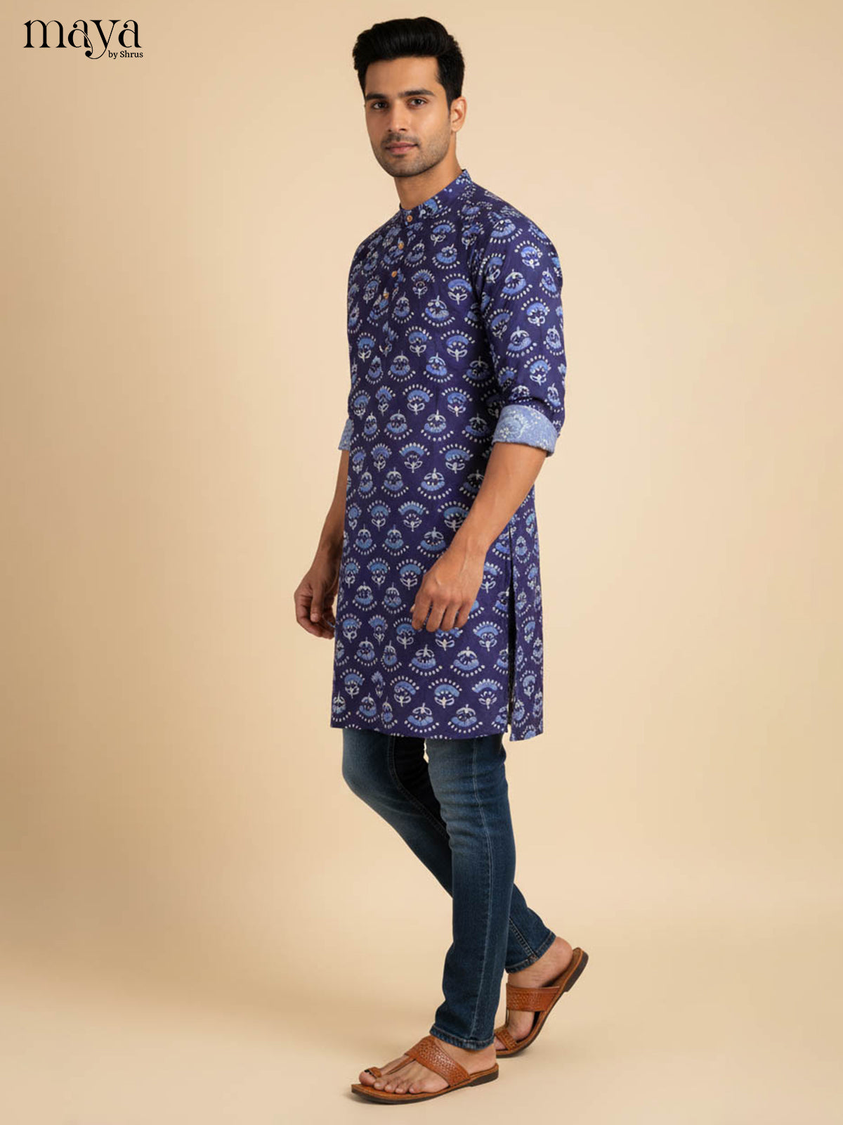 Contemporary Indigo Kurta for Men With Floral & Paisley Prints