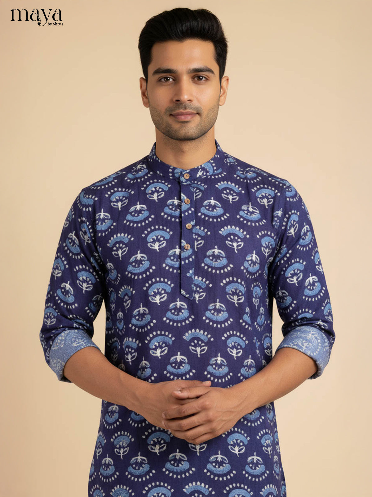 Contemporary Indigo Kurta for Men With Floral & Paisley Prints