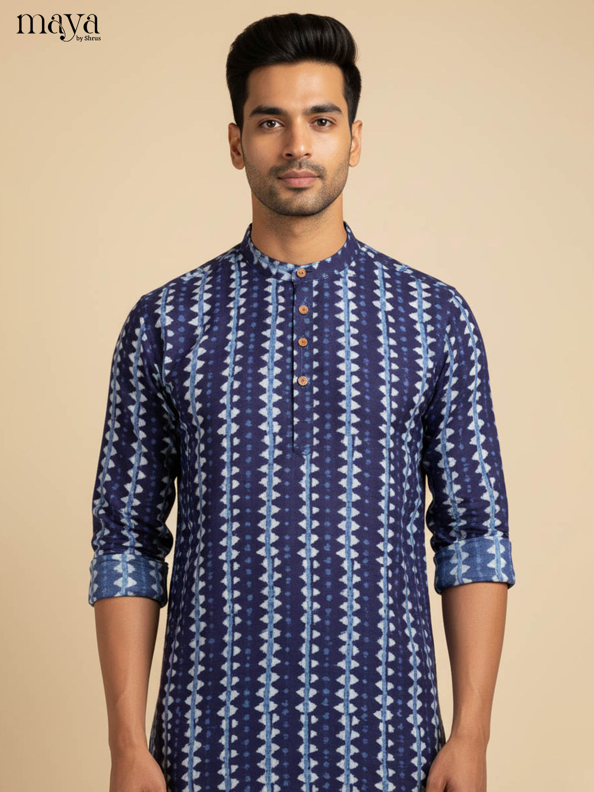Classic Navy Blue Geometric Printed Kurta for Men