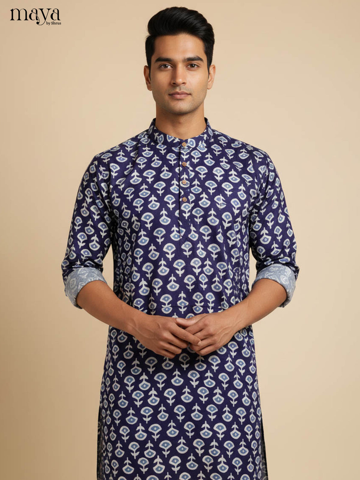Stylish Navy Blue Floral Printed Long Kurta for Men