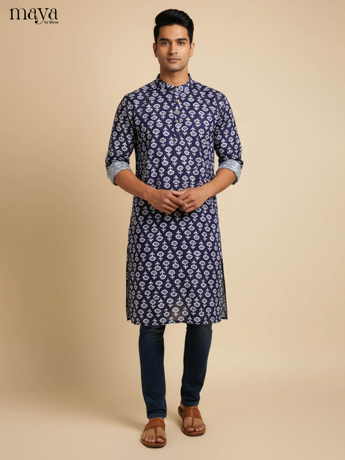 Stylish Navy Blue Floral Printed Long Kurta for Men