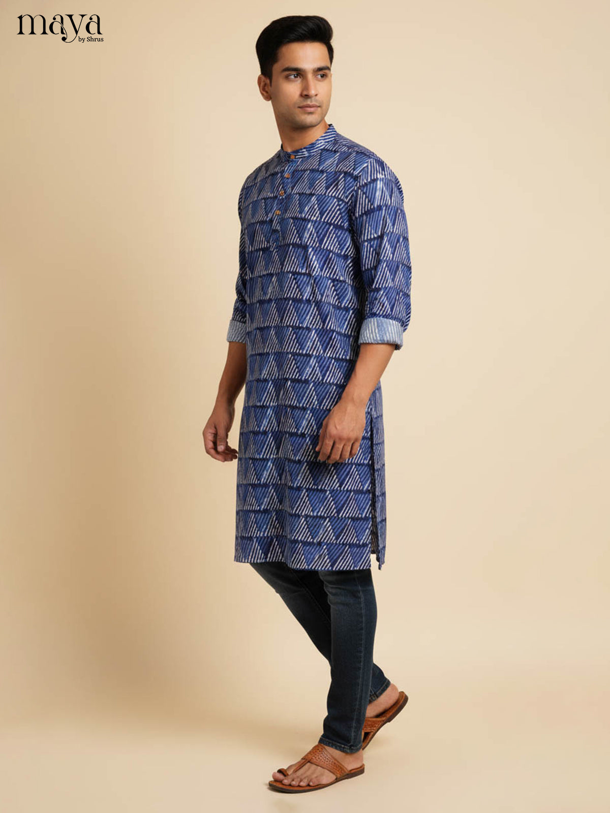 Striking Navy Blue Kurta for Men With Geometric Pattern