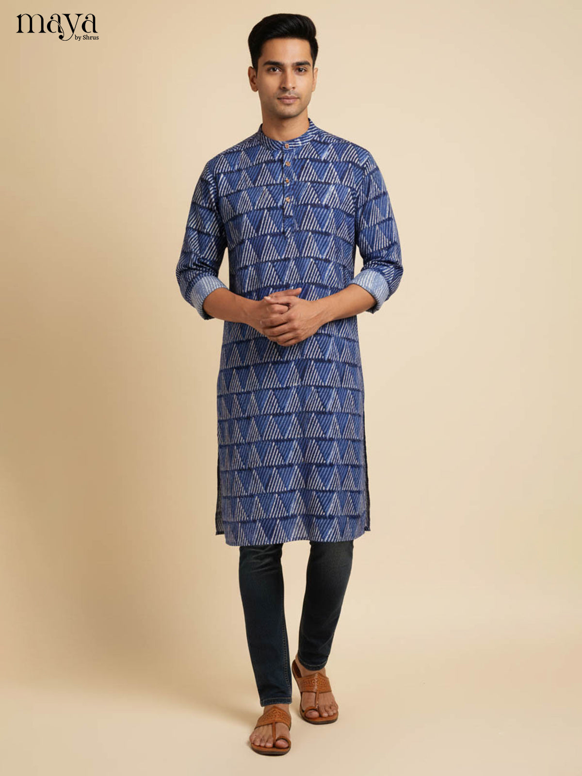Striking Navy Blue Kurta for Men With Geometric Pattern