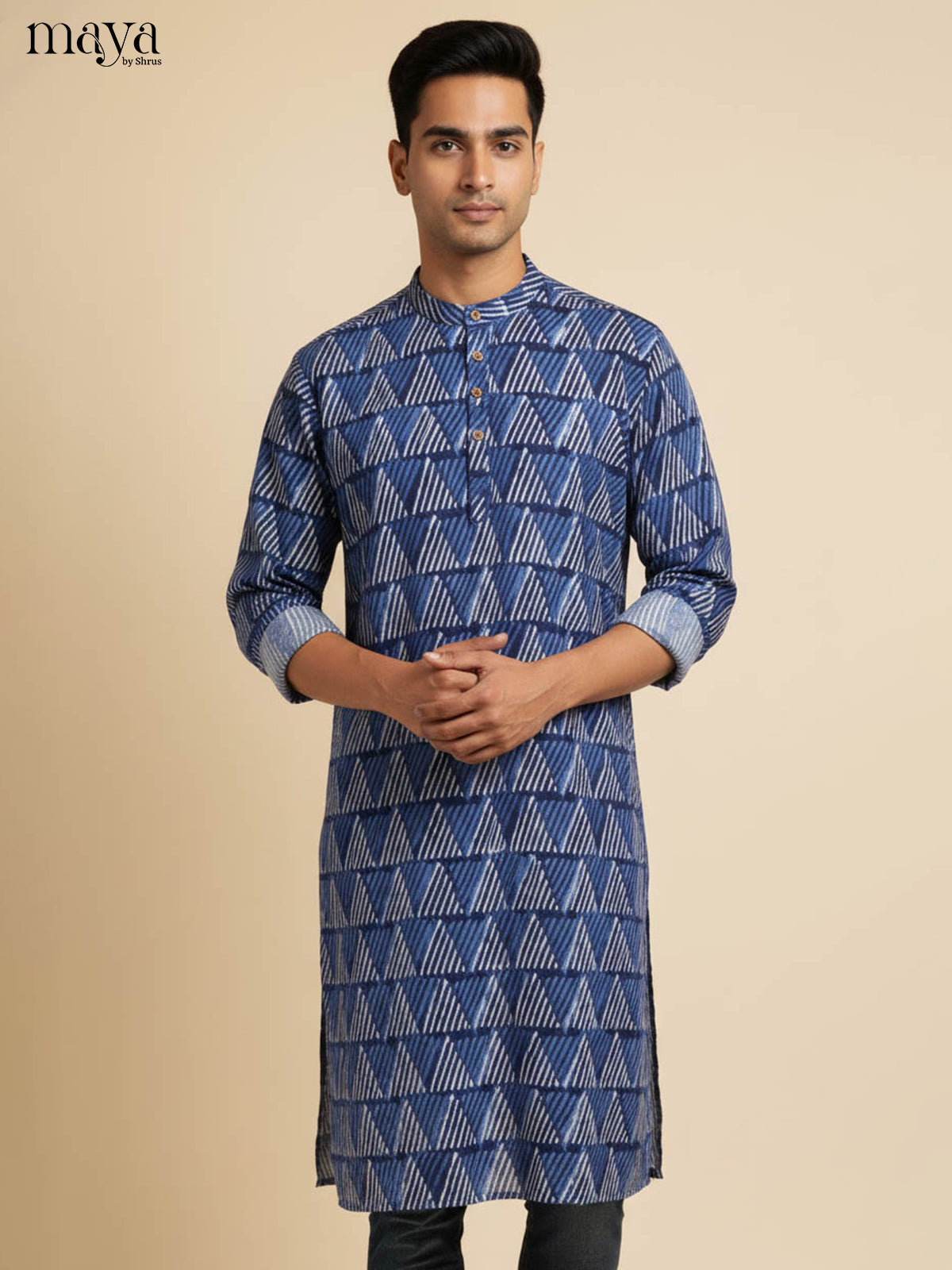 Striking Navy Blue Kurta for Men With Geometric Pattern