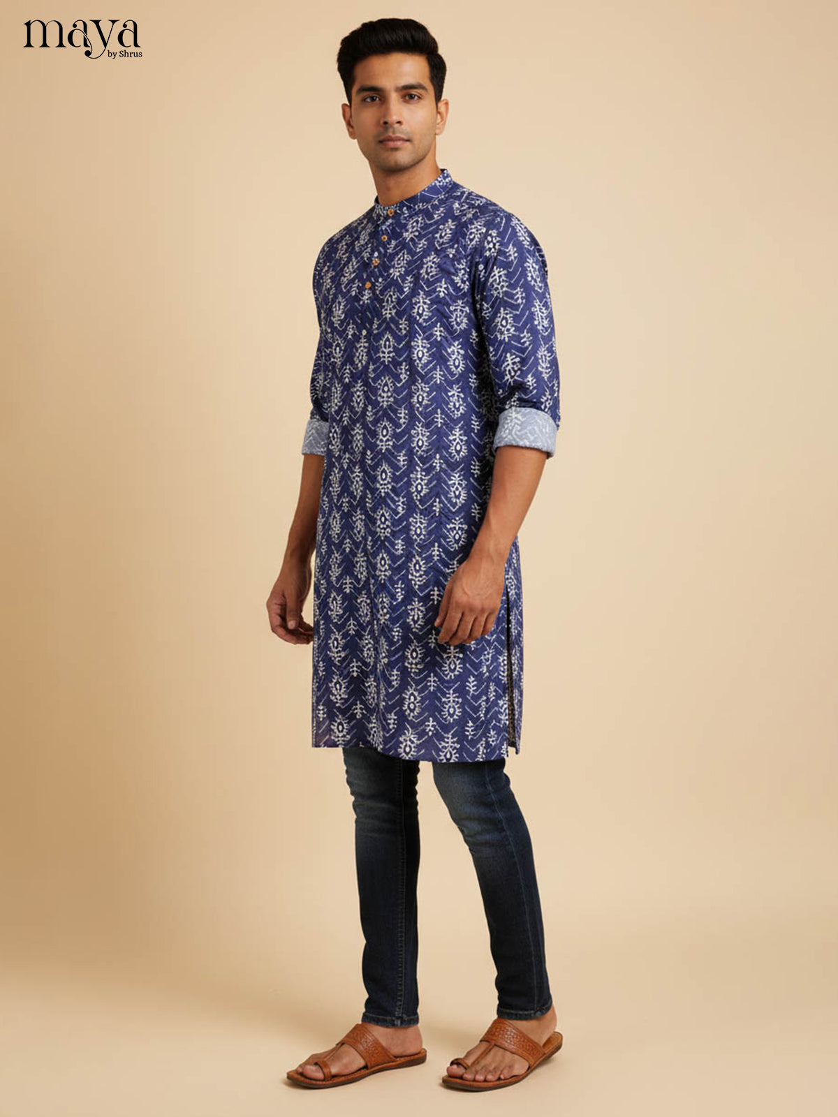 Elegant Navy Blue Men's Kurta With Floral Prints