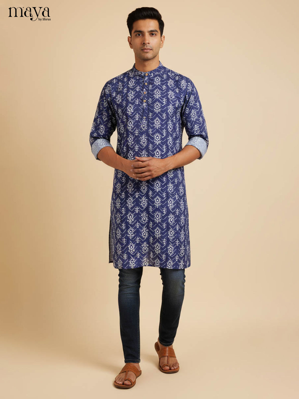 Elegant Navy Blue Men's Kurta With Floral Prints