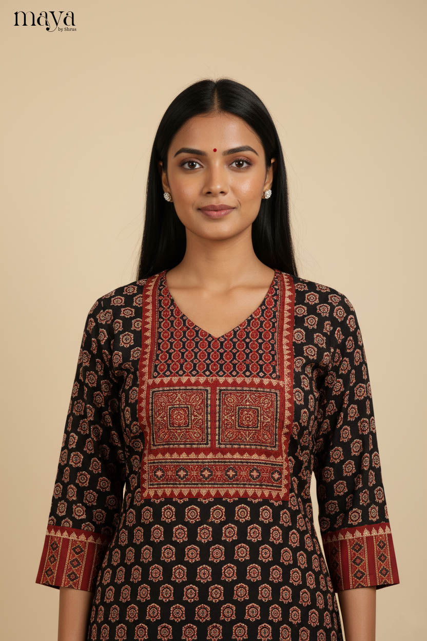 Timeless Black & Red Ajrakh Printed Readymade Long Kurti