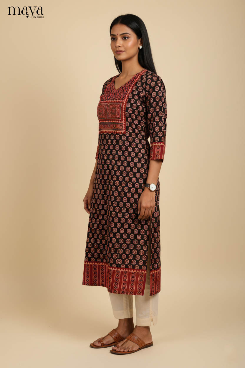 Timeless Black & Red Ajrakh Printed Readymade Long Kurti