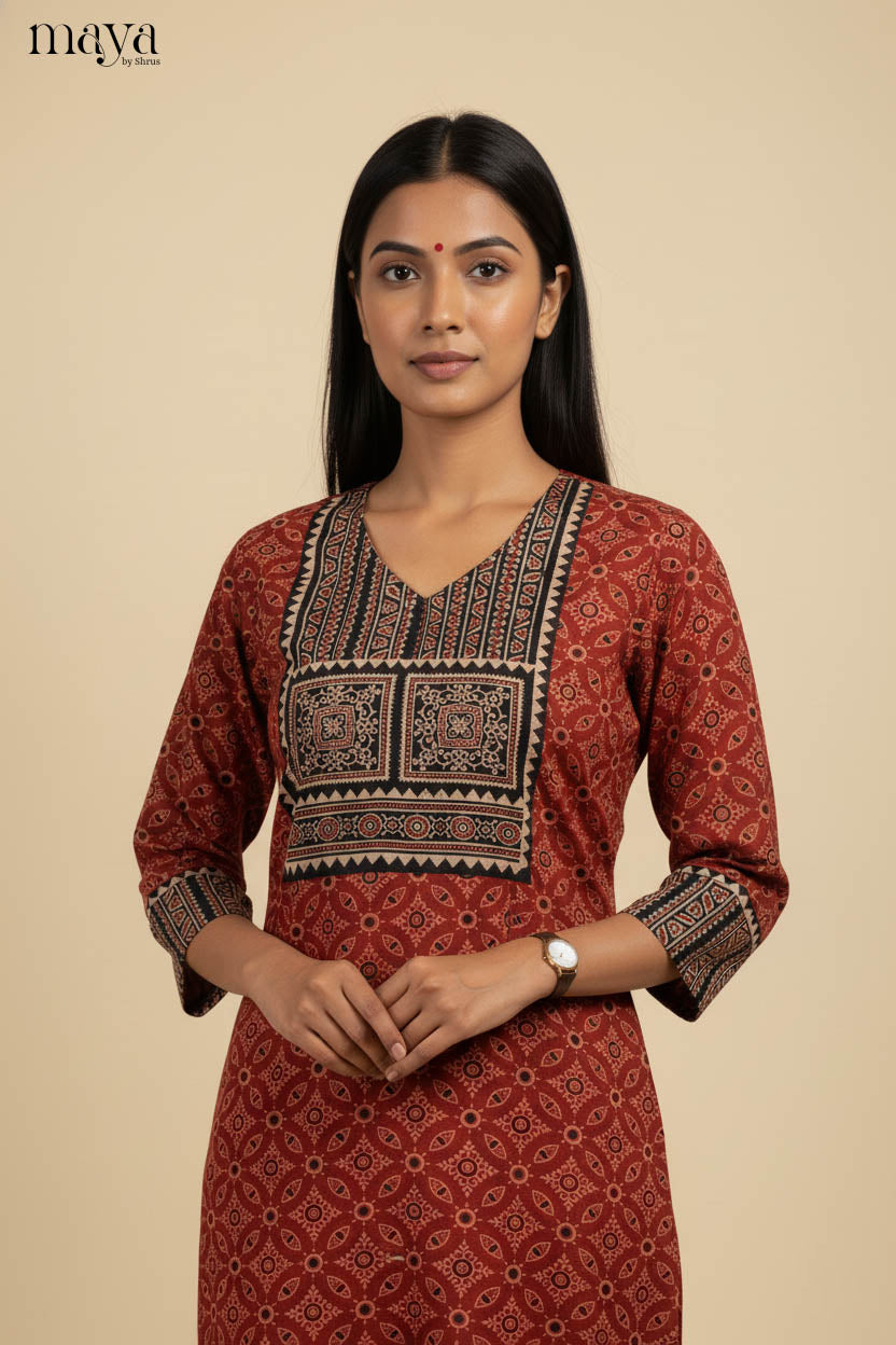 Stylish Red & Black Ajrakh Printed Readymade Cotton Kurti