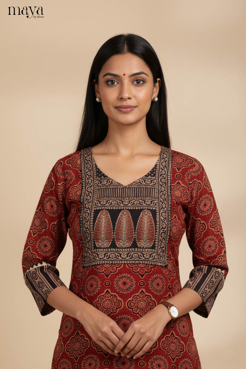 Simple Red & Black Ajrakh Printed Readymade Cotton Kurti