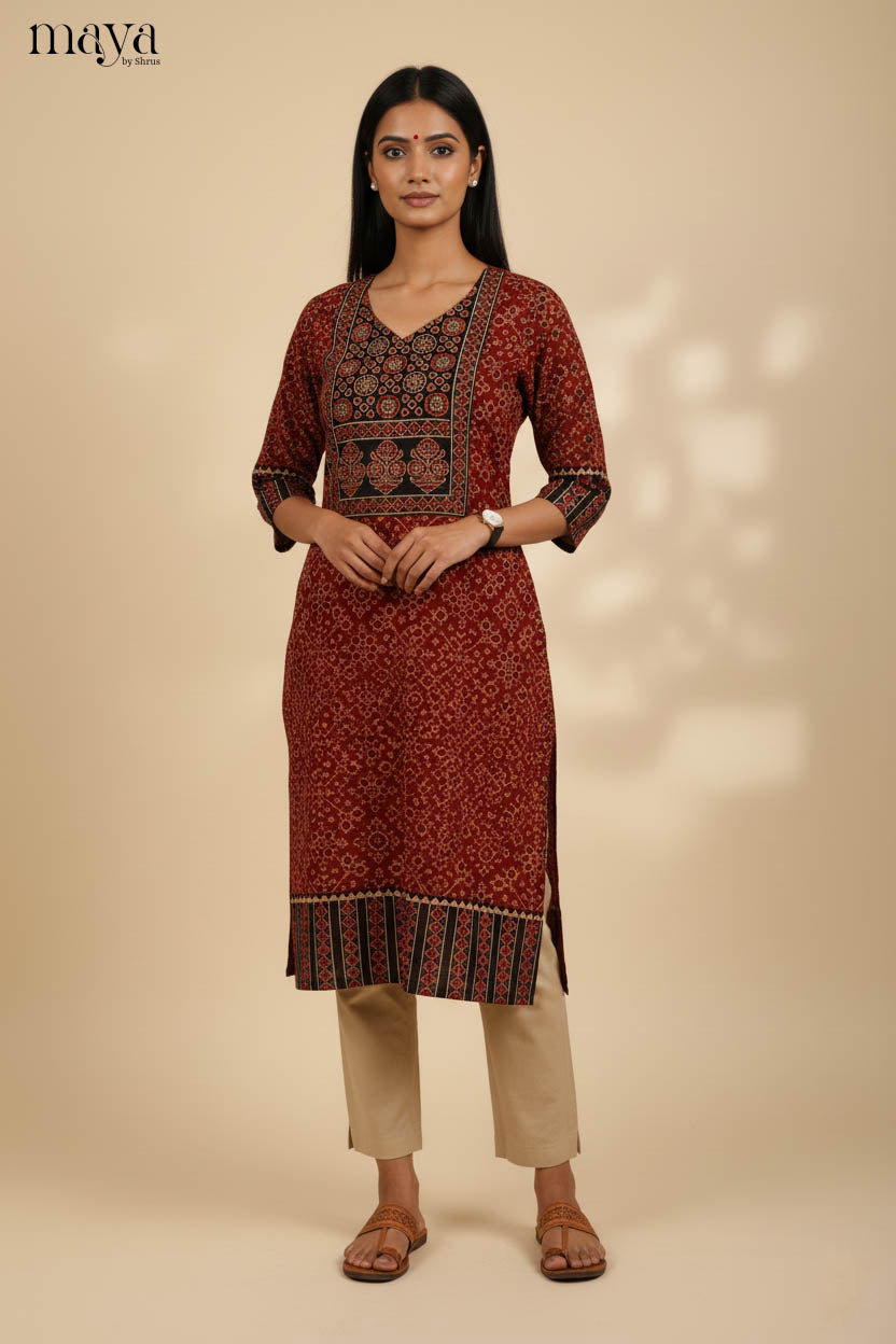Comfy Red & Black Ajrakh Printed Readymade Long Kurti