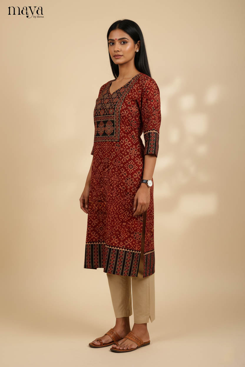Comfy Red & Black Ajrakh Printed Readymade Long Kurti