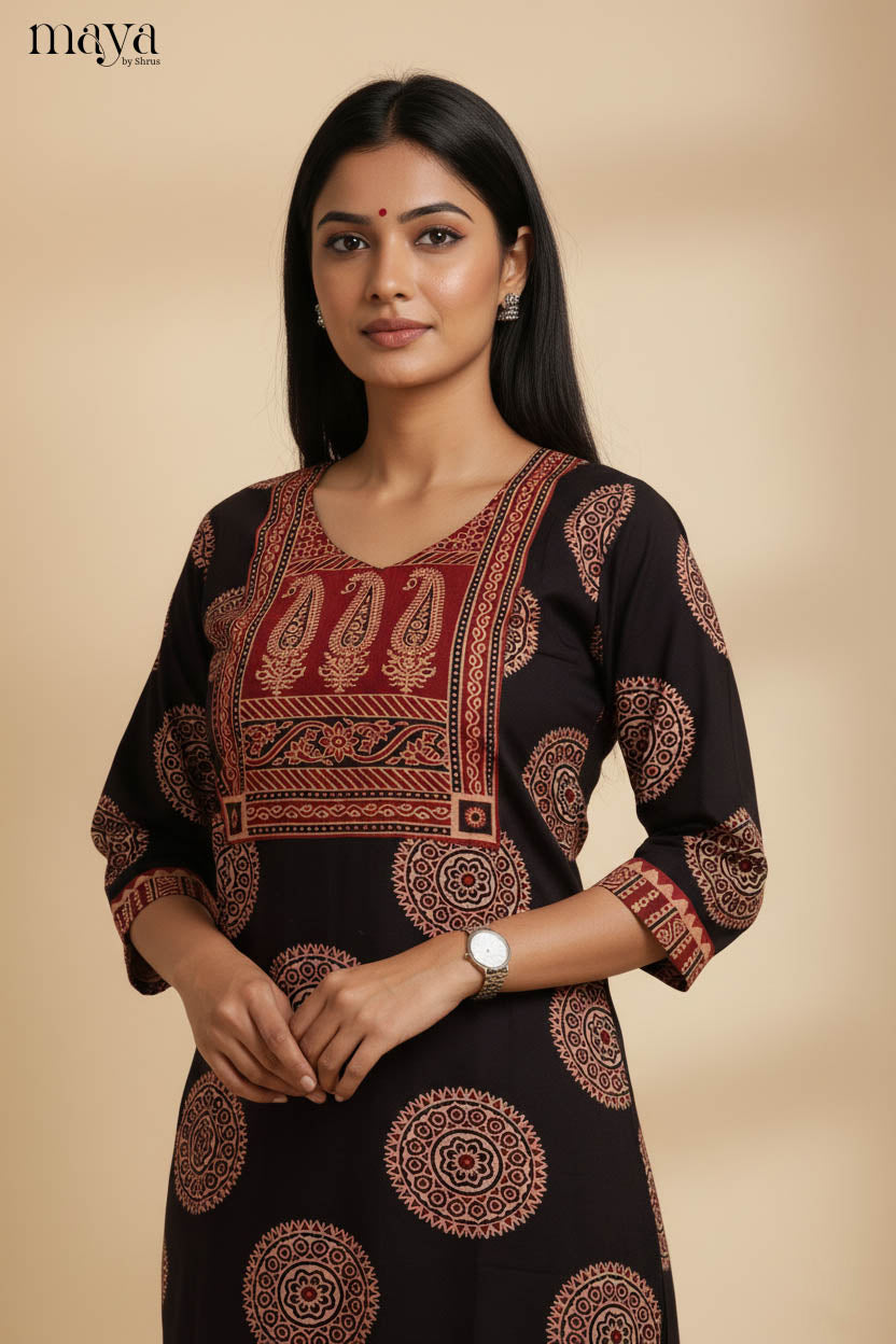 Elegant Black & Red Ajrakh Printed Long Kurti with Yoke Pattern