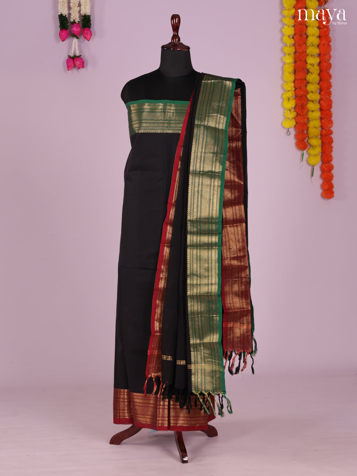Exquisite Black Chettinad Cotton Top & Dupatta Set With Temple Zari Border