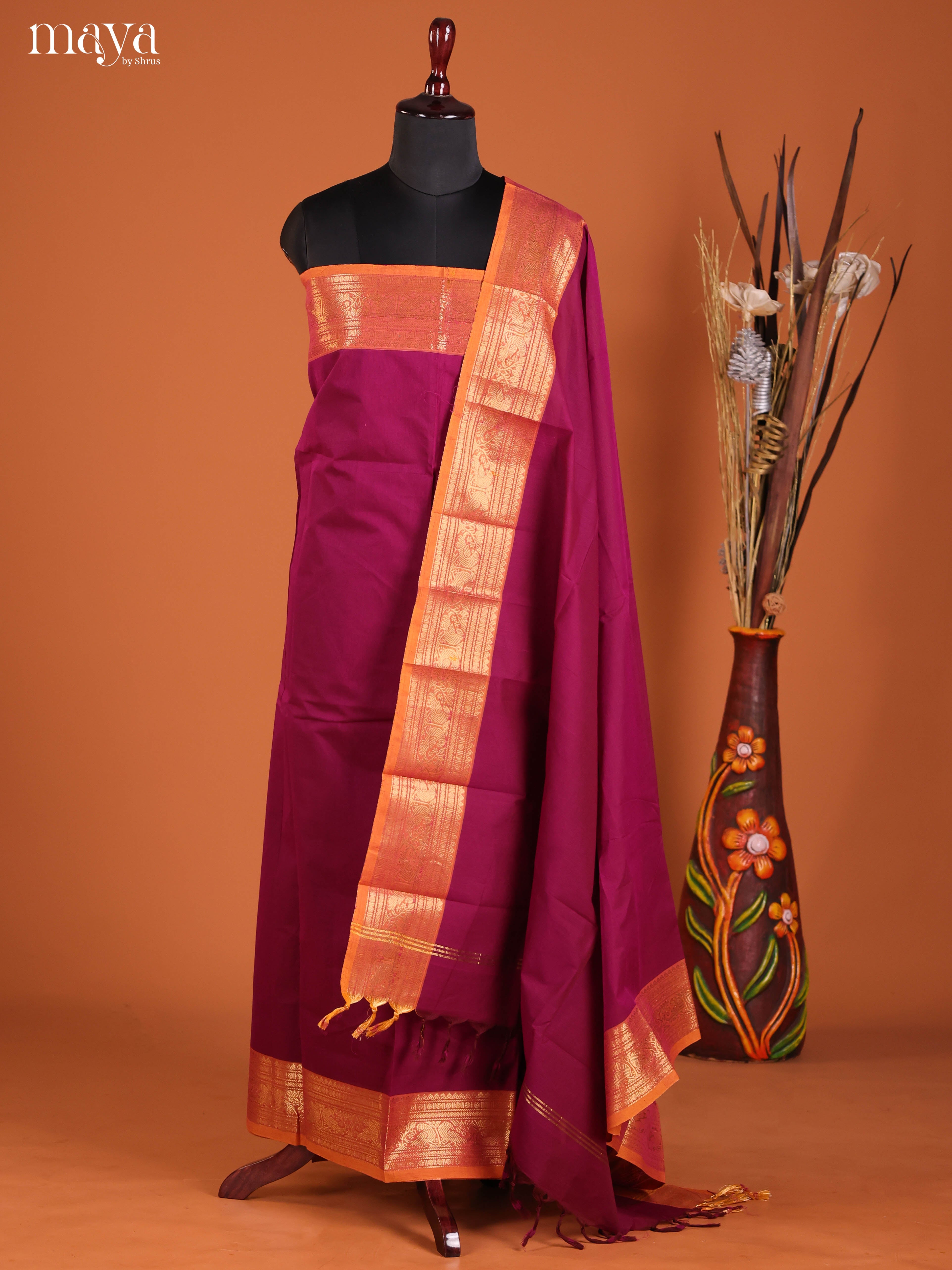 Charming Magenta Chettinad Cotton Top & Dupatta Set With Orange Zari Border
