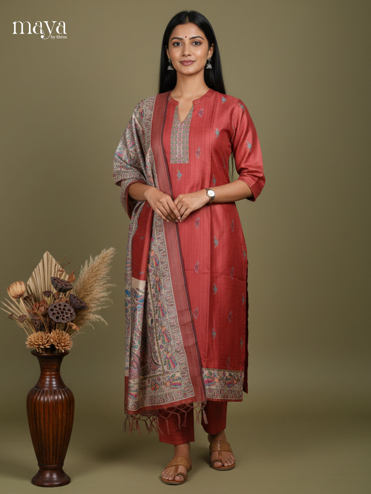 Stylish Red Madhubani Printed Semi Tussar Readymade 3 Piece - MDJ07024