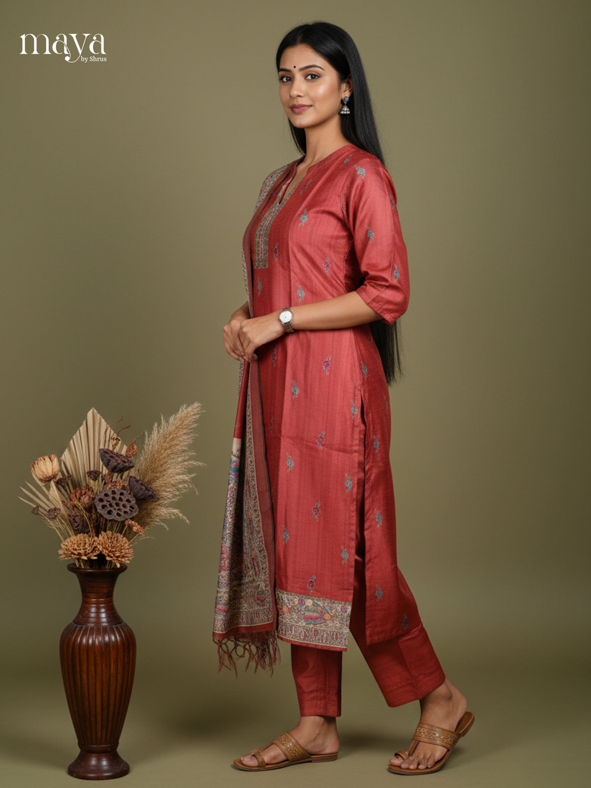 Stylish Red Madhubani Printed Semi Tussar Readymade 3 Piece - MDJ07024