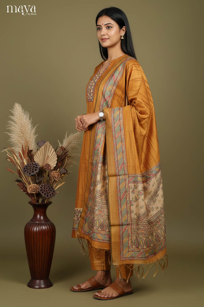 Classy Mustard Heavy Salwar Suit For Wedding With Artistic Prints & Mandarin Collars