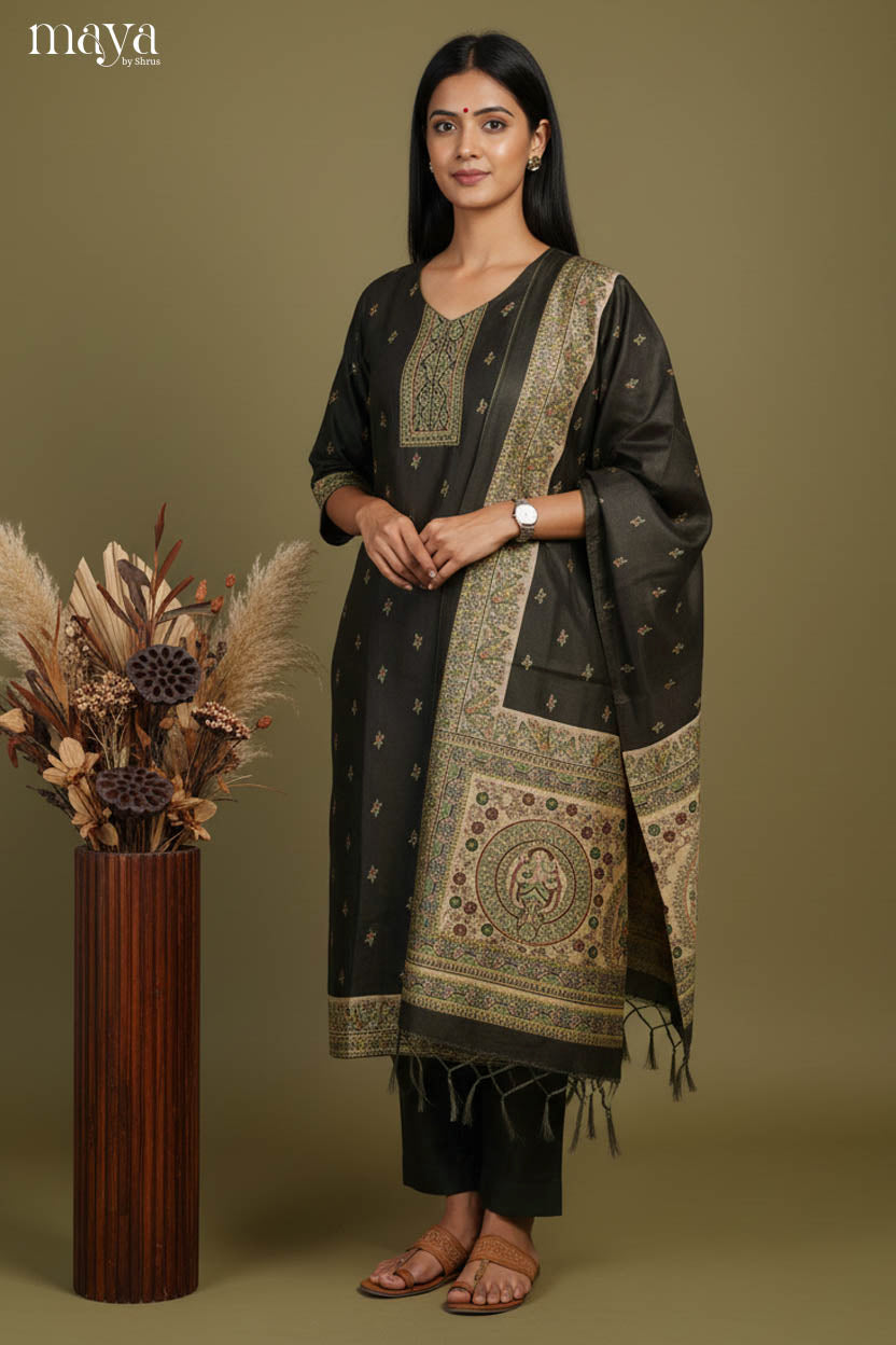 Striking Charcoal Heavy Salwar Suit For Wedding With Artistic Prints