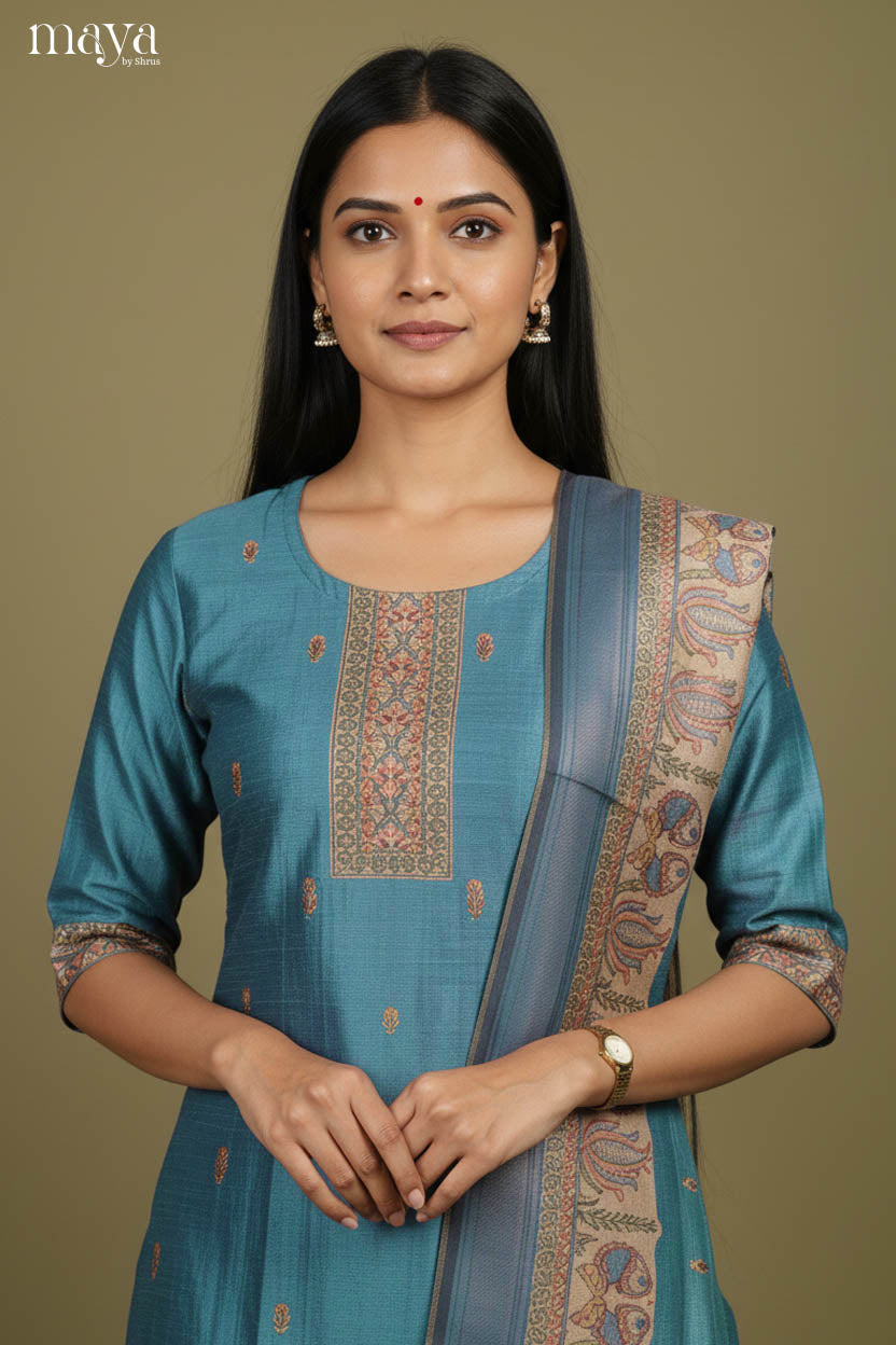 Pretty Teal Blue & Beige Kalamkari Printed Readymade 3 Piece Salwar Set