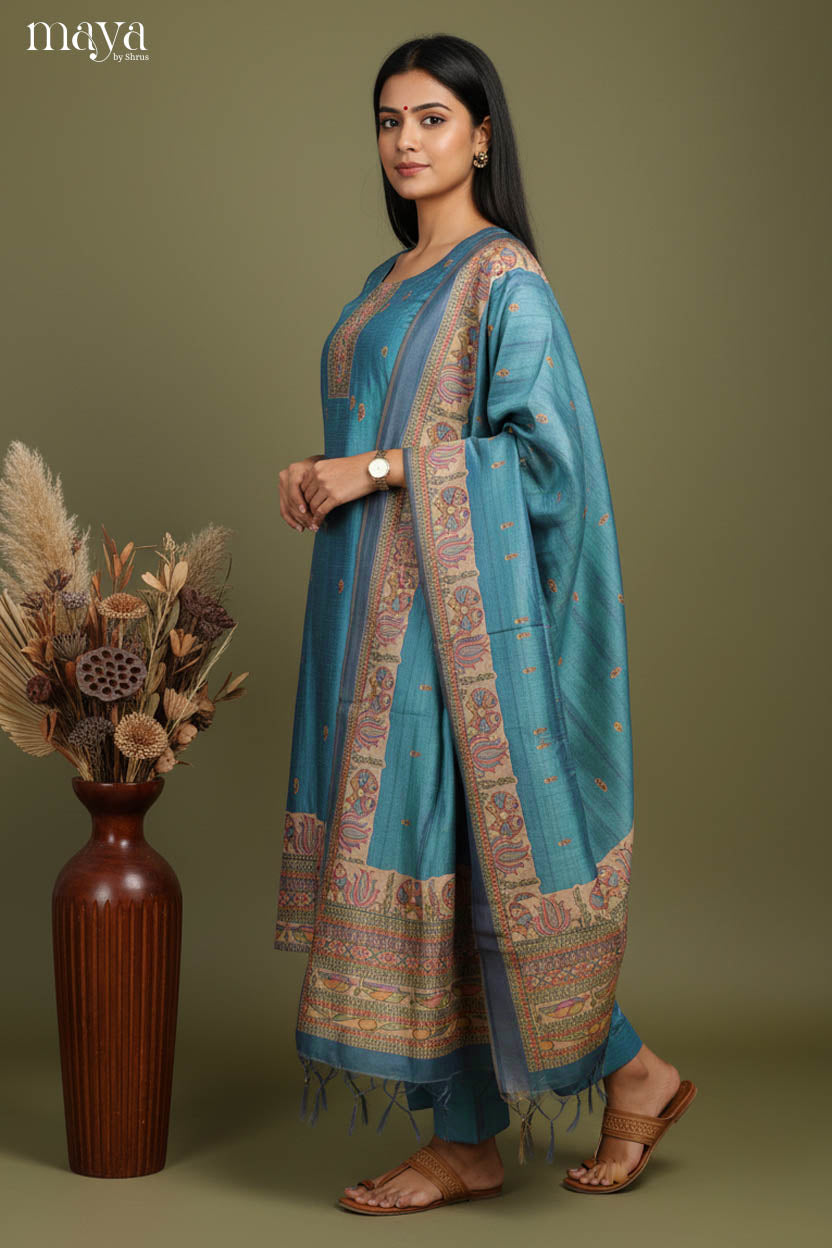 Pretty Teal Blue & Beige Kalamkari Printed Readymade 3 Piece Salwar Set