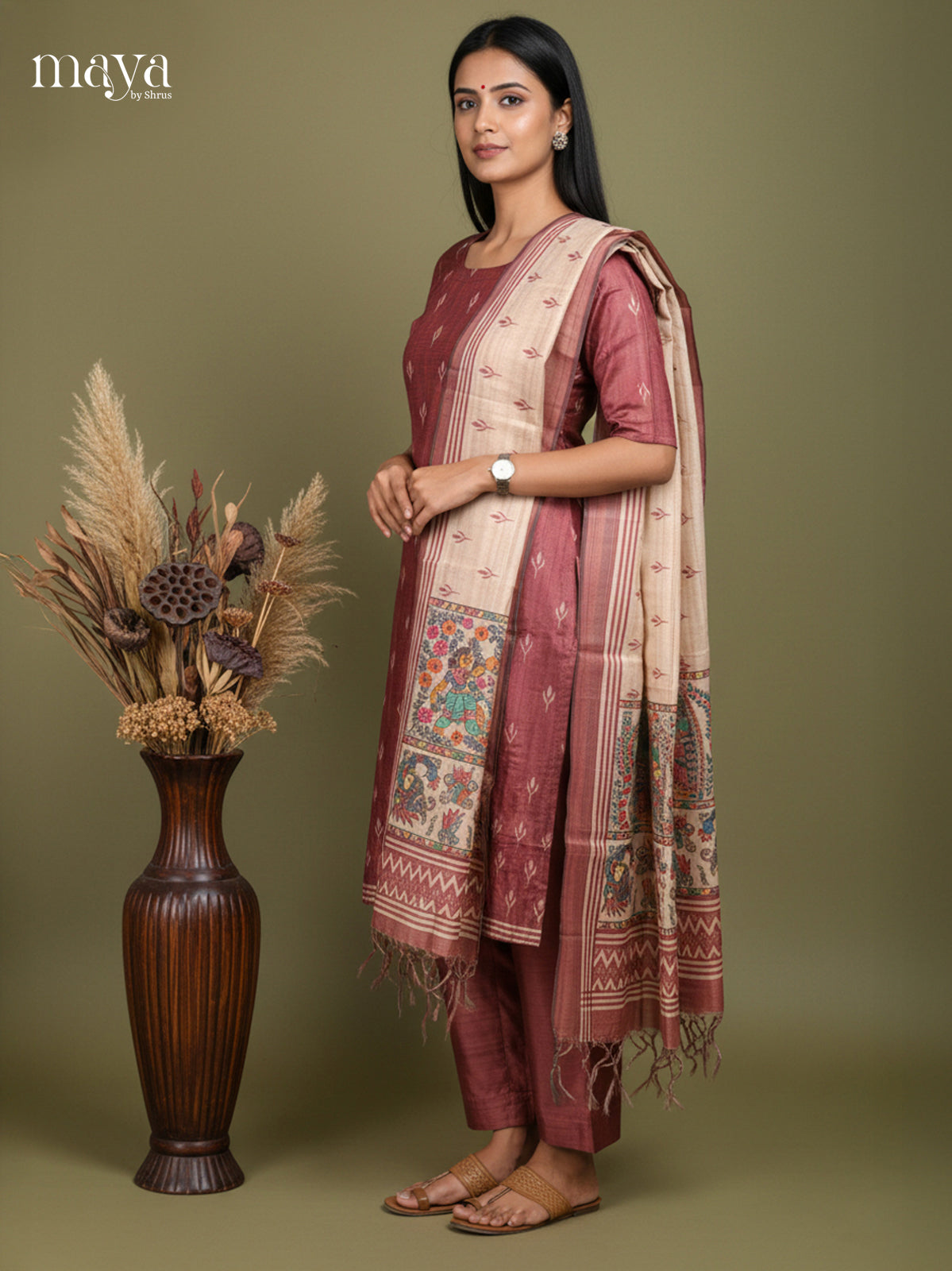 Beautiful Maroon & Cream Kalamkari Printed Readymade 3 Piece Salwar Set