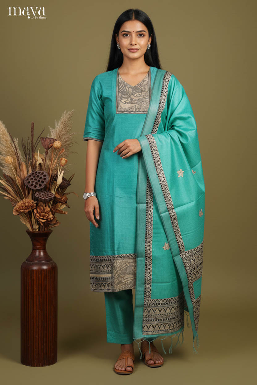 Stunning Teal Salwar Suit With V Neck & Kalamkari Printed Yoke Neck
