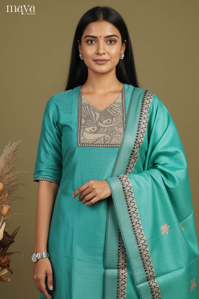 Stunning Teal Salwar Suit With V Neck & Kalamkari Printed Yoke Neck