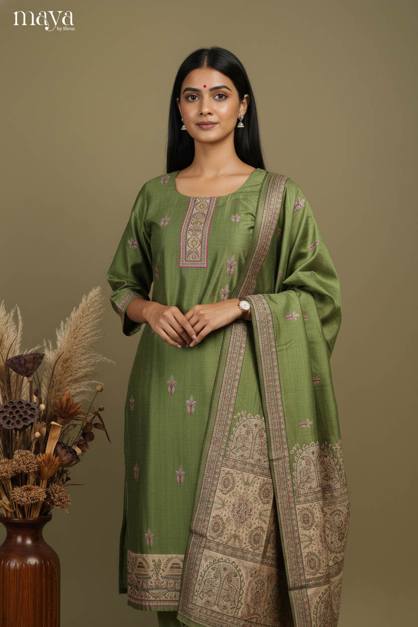 Exquisite Olive Green Readymade Salwar with Round Neck & Madhubani Prints