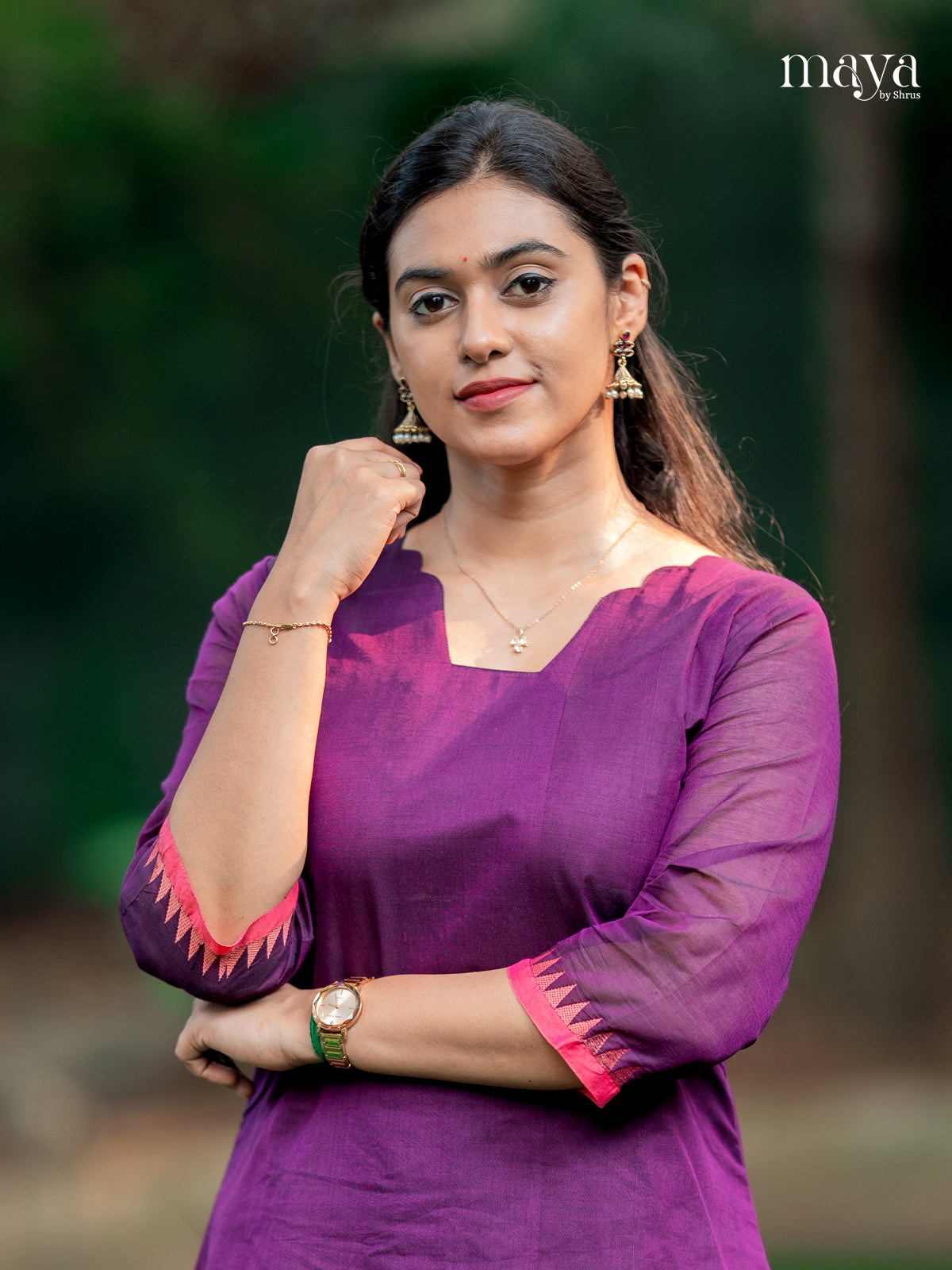 Classic Purple Chettinad Cotton Kurti With Pink Zari Border