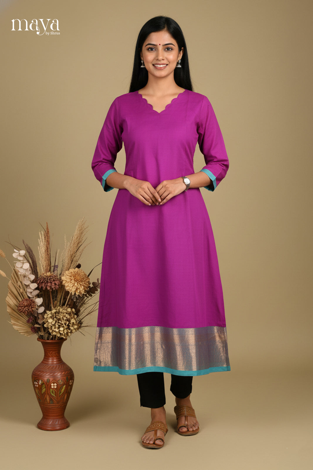 Pretty Magenta Cotton Kurti With Teal Zari Border