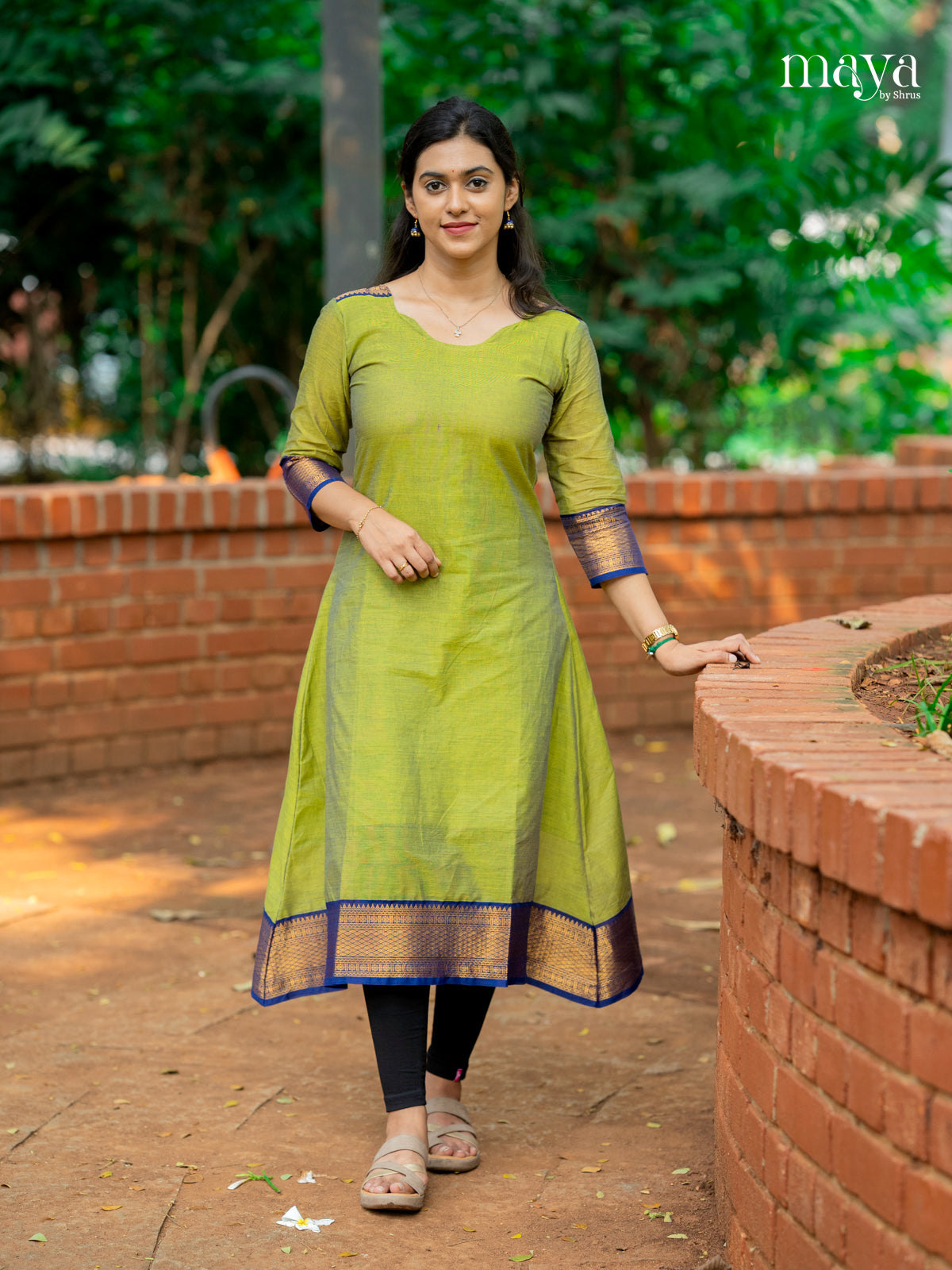 Exquisite Parrot Green Chettinad Cotton Kurti With Blue Zari