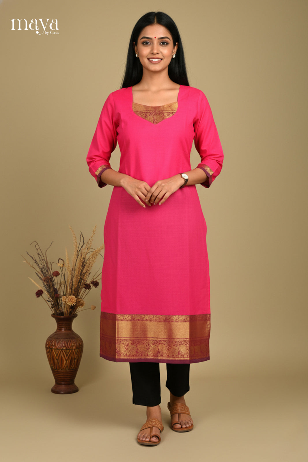 Rani Pink Readymade Chettinad Kurti with Solid Design & Maroon Zari Border